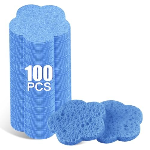 100-Count Facial Sponges Compressed Facial Sponges Natural Facial Cleansing Sponges Pads Cute Flower Shape Exfoliating Sponges for Cleansing Reusable,Best Makeup Gift, Blue