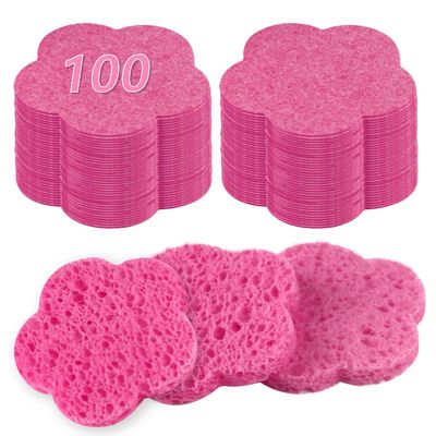 100-Count Facial Sponges Compressed Facial Sponges Natural Facial Cleansing Sponges Pads Cute Flower Shape Exfoliating Sponges for Cleansing Reusable,Best Makeup Gift, Pink