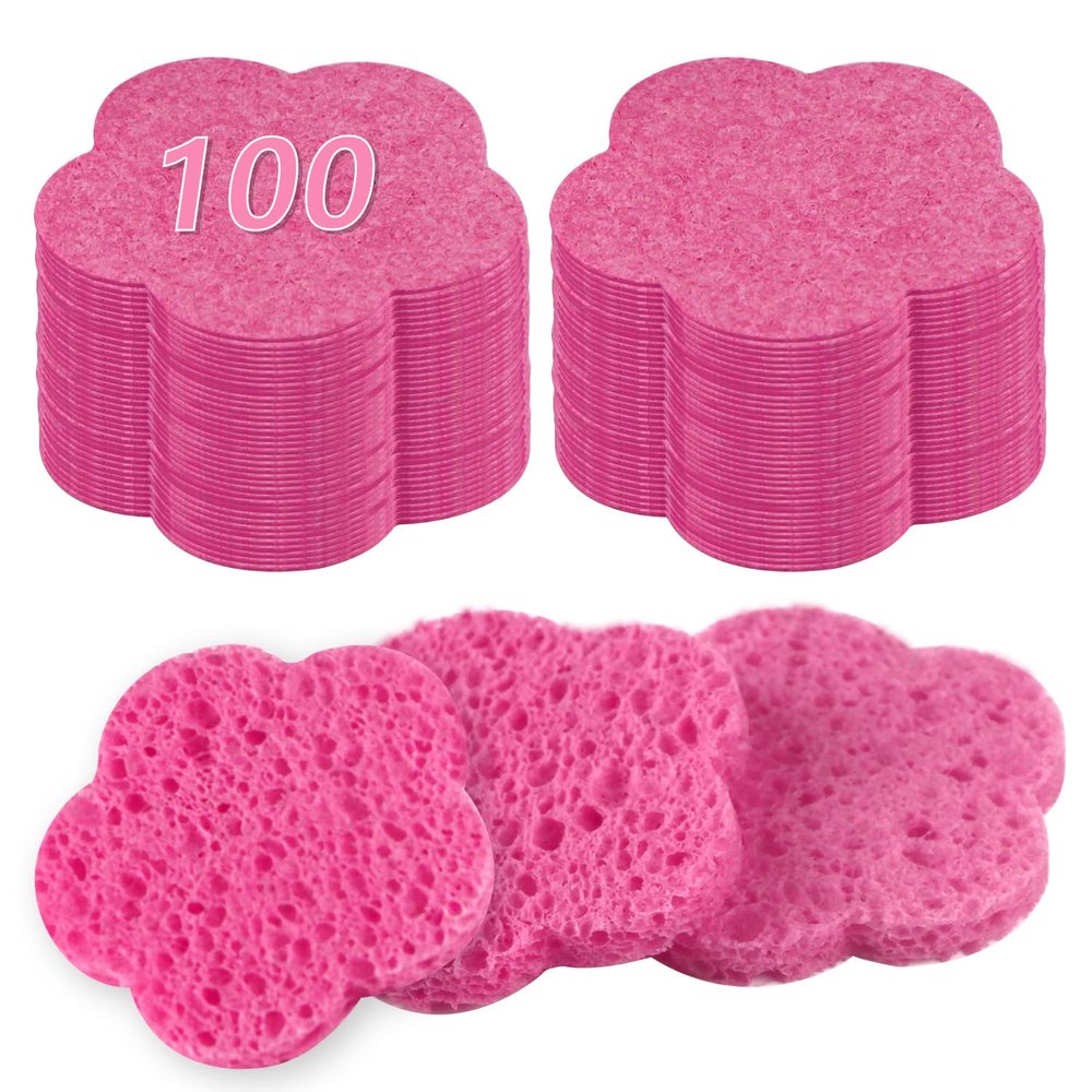 100-Count Facial Sponges Compressed Facial Sponges Natural Facial Cleansing Sponges Pads Cute Flower Shape Exfoliating Sponges for Cleansing Reusable,Best Makeup Gift, Pink