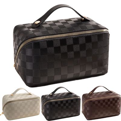 BIVIZKU Large Capacity Checkered Makeup Bag Portable Travel Cosmetic Bags Open-Flat Toiletry Bag for Women Girls Make Up Organizer with Divider Pouch Zipper Bag (black-checkered)