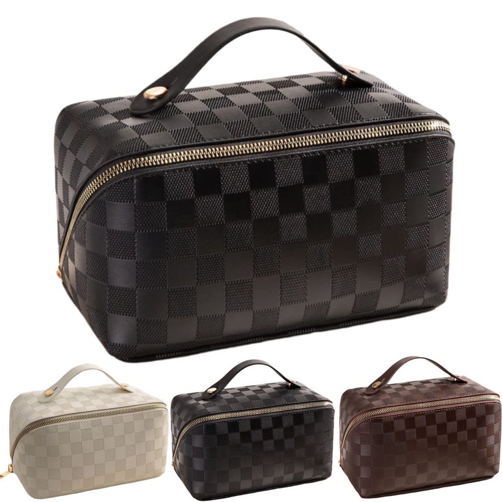 BIVIZKU Large Capacity Checkered Makeup Bag Portable Travel Cosmetic Bags Open-Flat Toiletry Bag for Women Girls Make Up Organizer with Divider Pouch Zipper Bag (black-checkered)