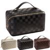 BIVIZKU Large Capacity Checkered Makeup Bag Portable Travel Cosmetic Bags Open-Flat Toiletry Bag for Women Girls Make Up Organizer with Divider Pouch Zipper Bag (black-checkered) view 1
