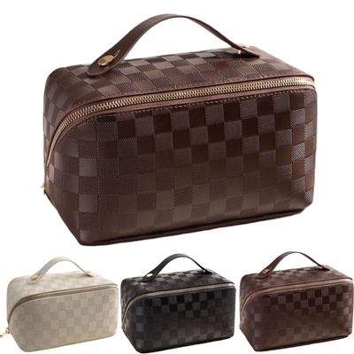 Large Capacity Checkered Makeup Bags Portable Travel Cosmetic Bags Open-Flat Toiletry Waterproof Bag for Women Gift Make up Organizer with Divider and Handle Pouch Zipper Bag (latte-checkered)