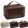 Large Capacity Checkered Makeup Bags Portable Travel Cosmetic Bags Open-Flat Toiletry Waterproof Bag for Women Gift Make up Organizer with Divider and Handle Pouch Zipper Bag (latte-checkered) view 1