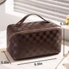 Large Capacity Checkered Makeup Bags Portable Travel Cosmetic Bags Open-Flat Toiletry Waterproof Bag for Women Gift Make up Organizer with Divider and Handle Pouch Zipper Bag (latte-checkered) view 3