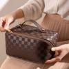 Large Capacity Checkered Makeup Bags Portable Travel Cosmetic Bags Open-Flat Toiletry Waterproof Bag for Women Gift Make up Organizer with Divider and Handle Pouch Zipper Bag (latte-checkered) view 4