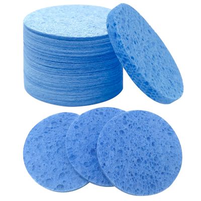 50-Count Large Compressed Facial Sponges for Estheticians, Daily Cleansing and Gentle Exfoliating- 100% Natural Cellulose Spa Sponge Perfect for Removing Dead Skin, Dirt and Makeup (Round 2.95",Blue)