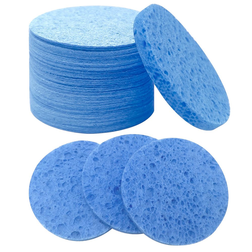 50-Count Large Compressed Facial Sponges for Estheticians, Daily Cleansing and Gentle Exfoliating- 100% Natural Cellulose Spa Sponge Perfect for Removing Dead Skin, Dirt and Makeup (Round 2.95",Blue)