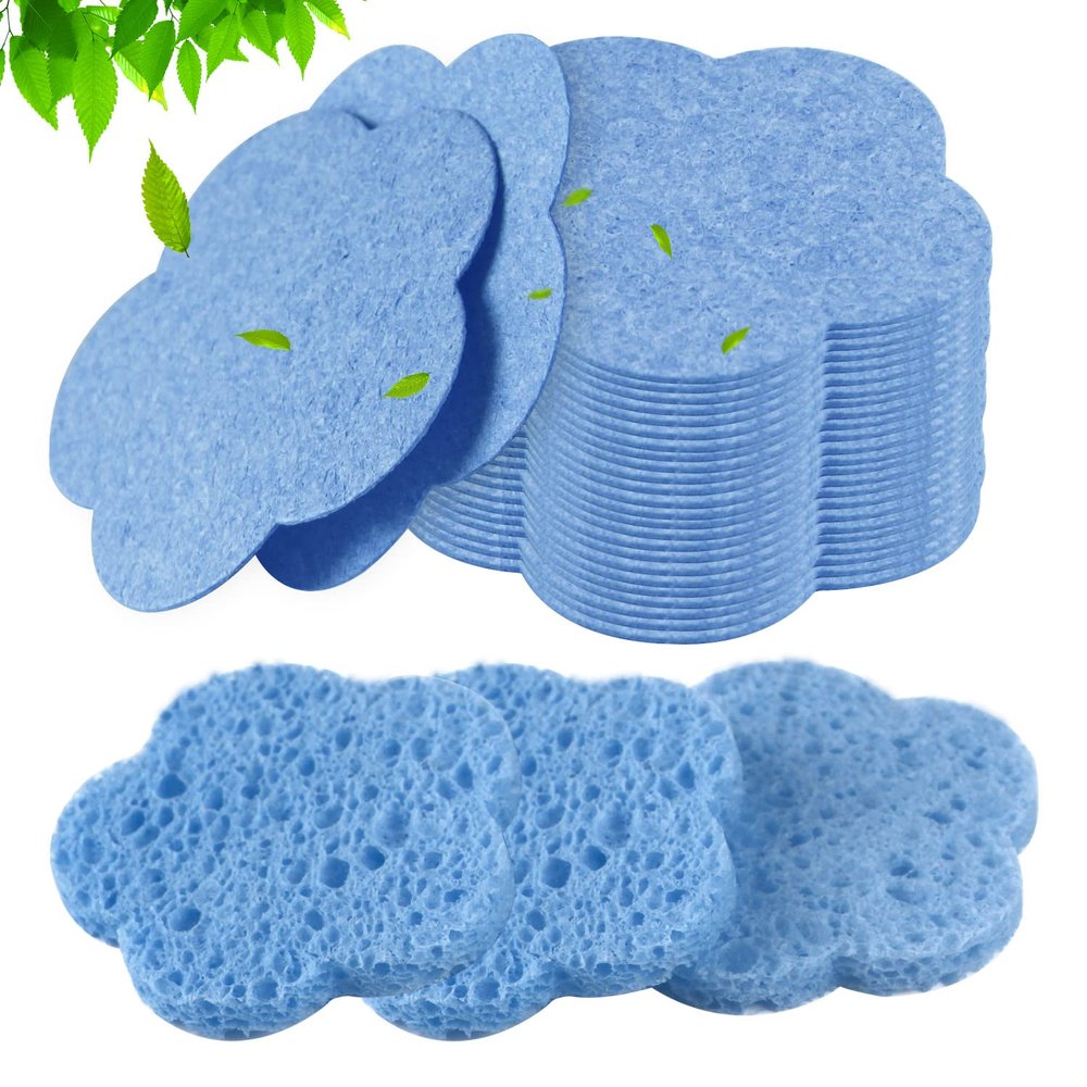 Spunspon 50-Count Facial Sponges, Natural, Blue, Modern Style, Reusable, Exfoliating, Cleansing, Makeup Removal, Travel-Friendly, Gift for Her