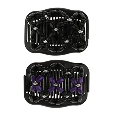 Pistro 2 Pieces Stretchy Magic Combs - Vintage Elastic Double Combs with Wooden Beads for Women Hair Bun Maker