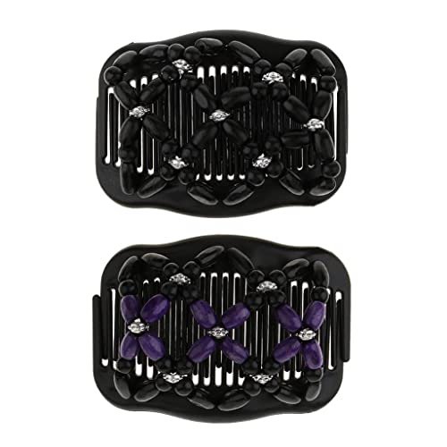 Pistro 2 Pieces Stretchy Magic Combs - Vintage Elastic Double Combs with Wooden Beads for Women Hair Bun Maker