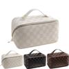 BIVIZKU Large Capacity Brown Checkered Makeup Bags Portable Travel Cosmetic Bags Open-Flat Toiletry Bag for Women Girls Make Up Organizer with Divider Pouch Zipper Bag (white-checkered) view 1