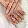 FRUJCDKI handmade real fake nail glue series pink French rhinestone luxury press-on fake nails long coffin fake nails ballerina glue nails, rhinestone design shiny female sticker nails (pink-L) view 2