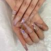 FRUJCDKI handmade real fake nail glue series pink French rhinestone luxury press-on fake nails long coffin fake nails ballerina glue nails, rhinestone design shiny female sticker nails (pink-L) view 3