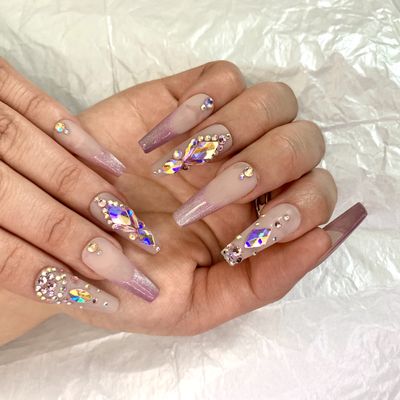 FRUJCDKI handmade real fake nail glue series pink French rhinestone luxury press-on fake nails long coffin fake nails ballerina glue nails, rhinestone design shiny female sticker nails (pink-M)