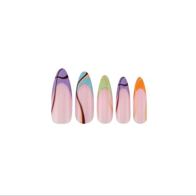 PaintLab Press-On Nails Manicure Kit, Multi Tie - Almond, 24-Piece Set, Long-Lasting Fake Nails with Glue, File, Prep Pad & Cuticle Stick