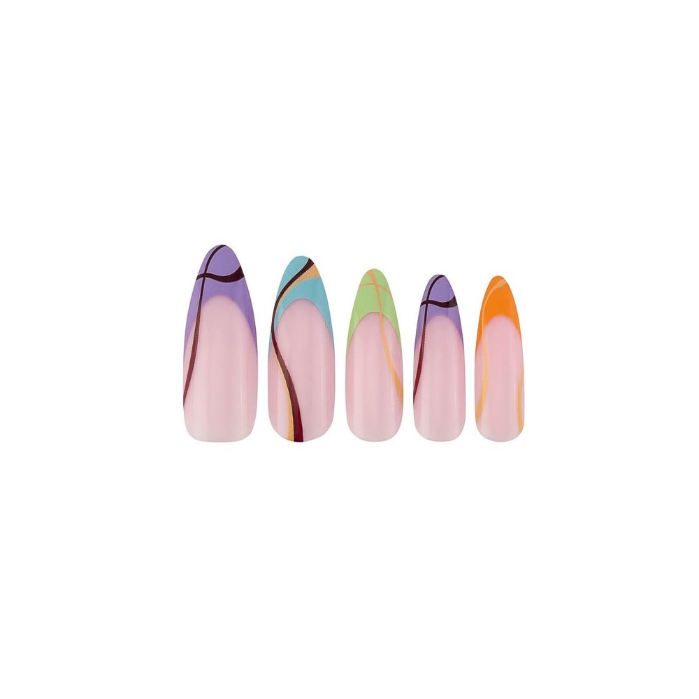 PaintLab Press-On Nails Manicure Kit, Multi Tie - Almond, 24-Piece Set, Long-Lasting Fake Nails with Glue, File, Prep Pad & Cuticle Stick