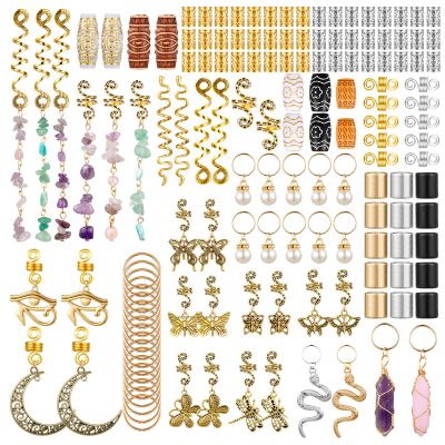 139 Pieces Dreadlock Jewelry Crystal Loc Adornment Hair Wire Wrapped Braid Accessories Assorted Imitation Wood Beads Hair Cuffs Hair Rings Hair Pendants for Women Hair Decoration