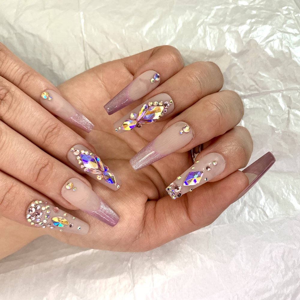 FRUJCDKI handmade real fake nail glue series pink French rhinestone luxury press-on fake nails long coffin fake nails ballerina glue nails, rhinestone design shiny female sticker nails (pink-S)