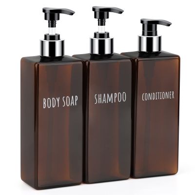 Segbeauty Shampoo and Conditioner Dispenser, 3 Packs 16.9oz Refillable Bathroom Soap Dispenser Set, 500ml Plastic Square Shower Press Pump Bottles Liquid Lotion Dispenser for Kitchen Sink Amber