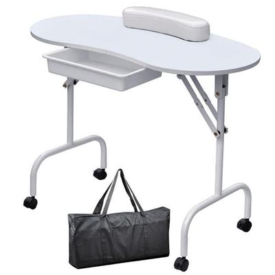 Franc Moody Portable Folding Manicure Table with Lockable Wheels,Nail Beautician Desk Workstation with Wrist Pad/Large Drawer and Waterproof Bag,for Spa Beauty Salon (White)