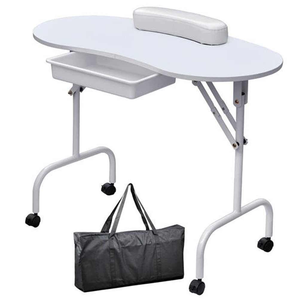 Franc Moody Portable Folding Manicure Table with Lockable Wheels,Nail Beautician Desk Workstation with Wrist Pad/Large Drawer and Waterproof Bag,for Spa Beauty Salon (White)