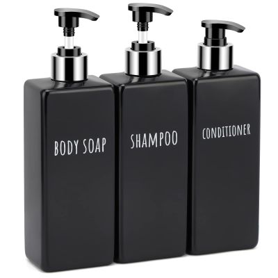 Segbeauty Shower Soap Dispenser Black, 3pcs 16.9oz Empty Refillable Bathroom Press Pump Bottles, 500ml Reusable Plastic Square Shampoo Conditioner Body Soap Dispenser Set for Modern Kitchen Home Decor