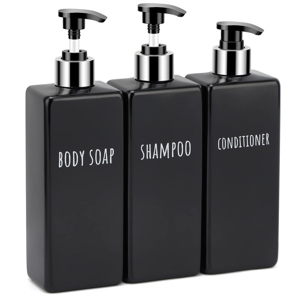 Segbeauty Shower Soap Dispenser Black, 3pcs 16.9oz Empty Refillable Bathroom Press Pump Bottles, 500ml Reusable Plastic Square Shampoo Conditioner Body Soap Dispenser Set for Modern Kitchen Home Decor