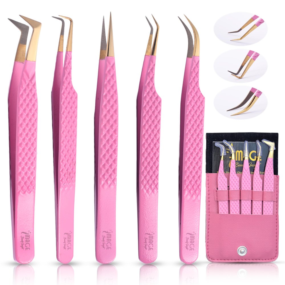 5 Pcs Fiber-Tip Japanese Steel Lash Tweezer Set with Leather Case, Professional Eyelash Tweezers for Lash Extensions  Titanium Coated, 90 & 45 Angled, Precision Pointed Tweezers (PINK)