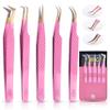 5 Pcs Fiber-Tip Japanese Steel Lash Tweezer Set with Leather Case, Professional Eyelash Tweezers for Lash Extensions  Titanium Coated, 90 & 45 Angled, Precision Pointed Tweezers (PINK) view 1