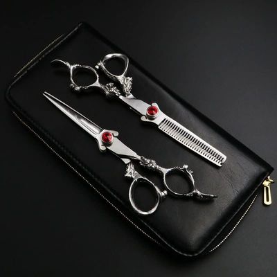 Hair Cutting Shears, 6 Inch Professional Hairdressing Scissors Set Cutting And Thinning Barber Shears Dragon Handle Ruby Style (Color : Set add case)