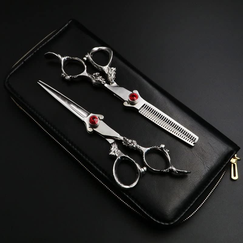 Hair Cutting Shears, 6 Inch Professional Hairdressing Scissors Set Cutting And Thinning Barber Shears Dragon Handle Ruby Style (Color : Set add case)