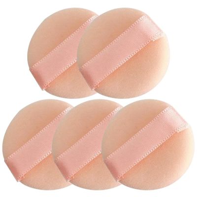 FRCOLOR Small Makeup Sponges 5pcs Mini Powder Puff Loose Powder Puff Cosmetics Sponges with Ribbon Natural Flocking Cute Round Puff for Liquid Foundation Powder Concealer