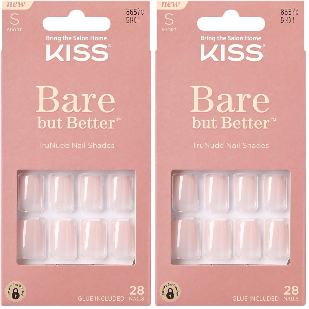 KISS Fake Nails, Nude, Glue-On, 28 Count | TruNude Collection | Nudies Shade | Chip Proof | Pack of 2