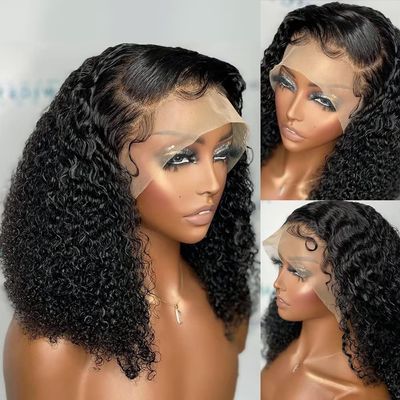 13x4 Lace Frontal Human Hair Short Bob Deep Wave HD Transparent Lace Curly Pre Plucked for Women Brazilian Remy Hair With Baby Hair Glueless Natural Hairline Bleached Knos 150% Density 16 Inch