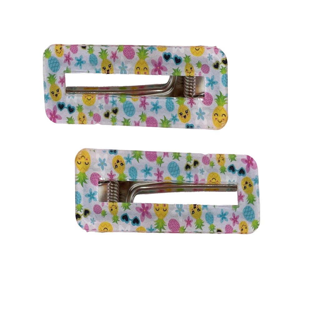 Pineapple Smiley Hair Clips (Silver, Pineapple Smiley Wide Rectangle Pair)