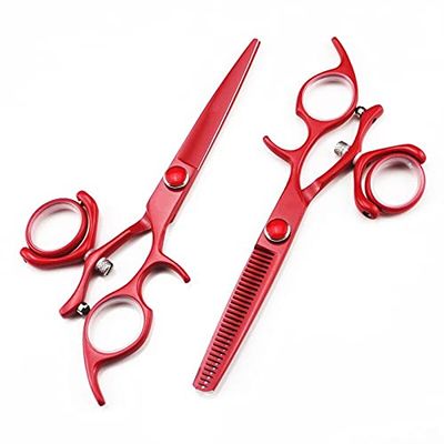 Hair Cutting Scissors, 6 Inch Red Professional Salon Japanese Stainless Steel Cutting Thinning Barber Hair Scissors Swivel Set