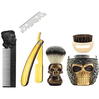 Zenzod  SKULL themed STRAIGHT RAZOR KIT 6 piece Mens shaving set- Barber style for closest Shave possible with a straight edge razor - Perfect straight razor kit for beginners