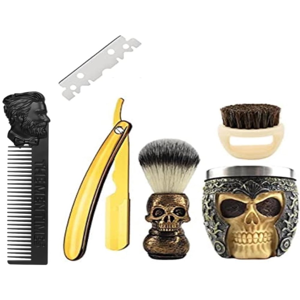Zenzod  SKULL themed STRAIGHT RAZOR KIT 6 piece Mens shaving set- Barber style for closest Shave possible with a straight edge razor - Perfect straight razor kit for beginners