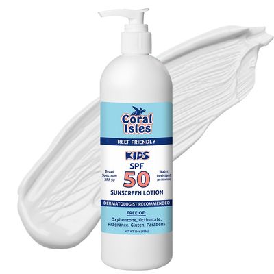 Coral Isles by Rocky Mountain Sunscreen | SPF 50 KIDS Lotion | Broad Spectrum UVA/UVB Protection | Hawaii Reef-Safe Act Compliant | Oxybenzone & Octinoxate Free | Water Resistant 80 Min. | 16 Fl Oz