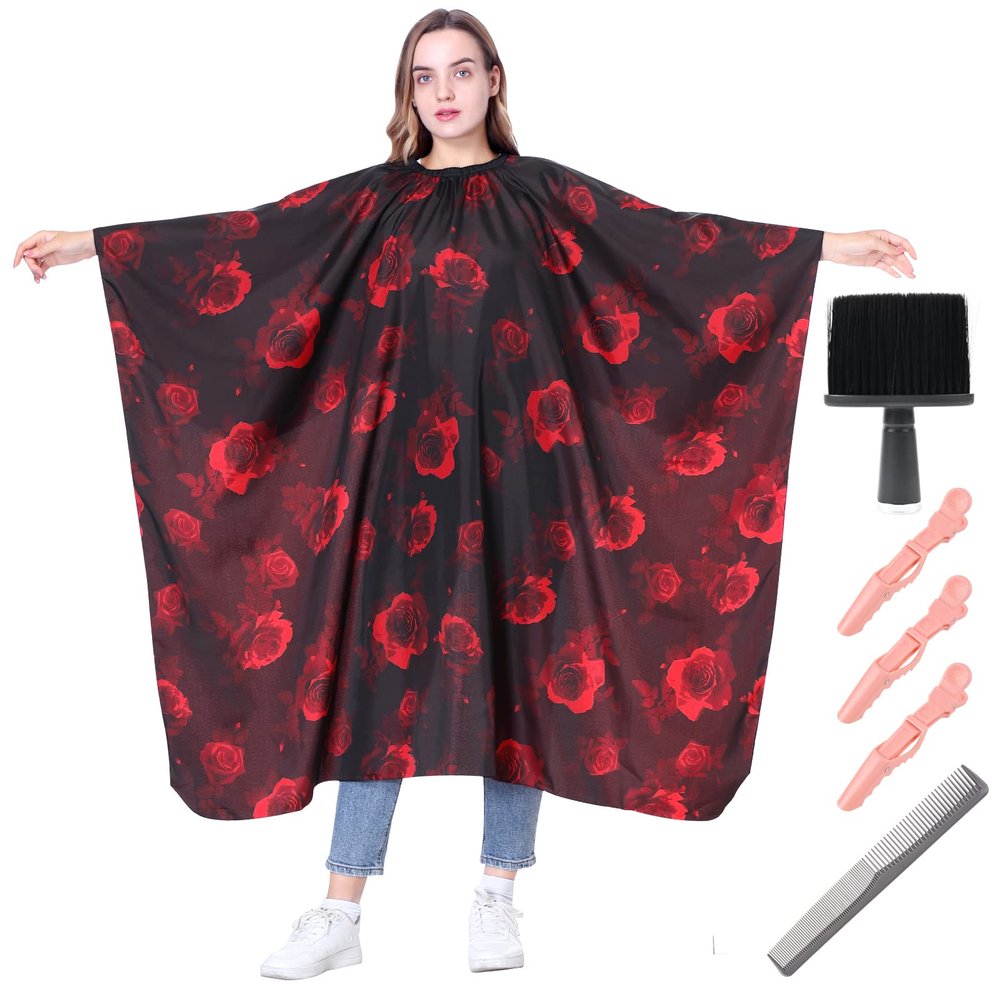 TILYIALA Waterproof Barber Cape with Barber Brush Neck Duster,Professional Salon Hair Cutting Capes for Adult Kids, Hair Stylist Haircut Hairdresser Cape (Peony FLower)