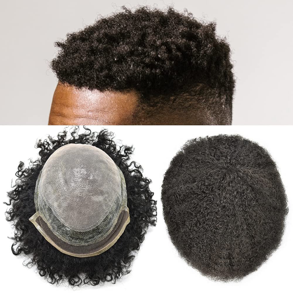 Afro Curl Toupee for Black Men Hairpiece African American Mens Toupee Hair Unit Afro Kinky Curly Human Hair Replacement System Lace Front Poly Skin PU Men Wigs 8X10 Natural Black Hair Weaves (Afro Wavy 8mm, #1 Jet Black)