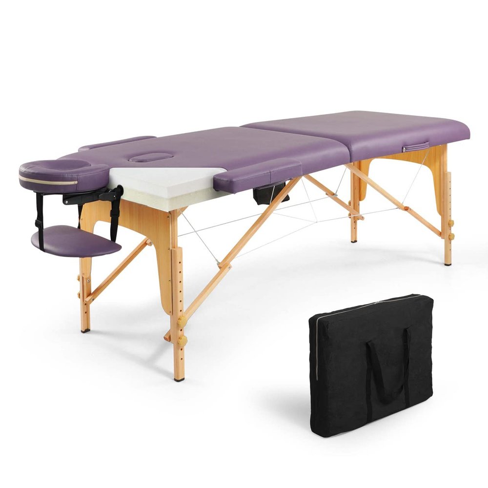CAPHAUS 84 Inch Memory Foam Massage Table, 28 Inch Wide Foldable & Portable Massage Bed, Facial Cradle Salon Bed Wooden Legs & Carry Case, Height Adjustable Spa Bed, Purple