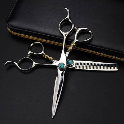 Hair Cutting Scissors, 6 Inch Professional Japan 440c Steel Green Gem Hair Scissors Cutting Barber Tools Tiger Haircut Thinning Shears Hairdresser Scissors ( Color : Set with bag )