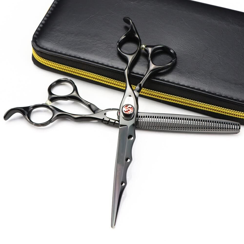 Hair Cutting Scissors, 7 Inch Professional Japan 440c Steel Black Flame Gem Hair Scissors Cutting Barber Tools Haircut Thinning Shears Hairdresser Scissors ( Color : Set with bag )