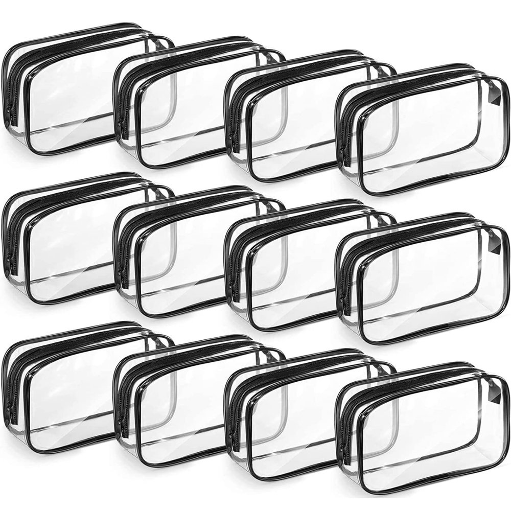 12 Pieces Clear Cosmetics Bag PVC Zippered Clear Toiletry Carry Pouch Portable Cosmetic Makeup Bag Waterproof Makeup Bag Vinyl Plastic Organizer Case for Vacation Bathroom (Black,Large)