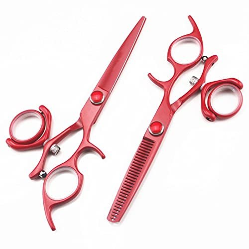 Hair Cutting Scissors, 6 Inch Professional Japan 440c Red Fly Rotate Hair Scissors Cutting Barber Haircut Thinning Shears Hairdressing Scissors ( Color : Set )