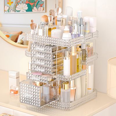 BOCONY 360 Rotating Makeup Organizer for Vanity, Large Skin Care Organizer with 6 Drawers Clear Acrylic Cosmetic Organizer Adjustable Spinning Makeup Storage Perfume Organizer for Dresser (Clear)