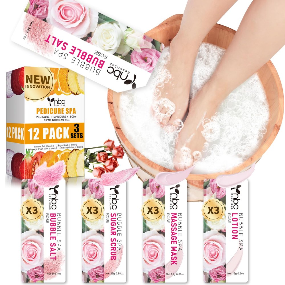 nbc BeautiLab Pedicure Kit Foot Soak Set: Bubble Salt, Sugar Scrub, Massage Mask, Massage Lotion in a Box, 4 Step Foot Spa Kit for Dry Feet, Softens Calluses, Soothes Sore, Tired Feet3 Set Rose)