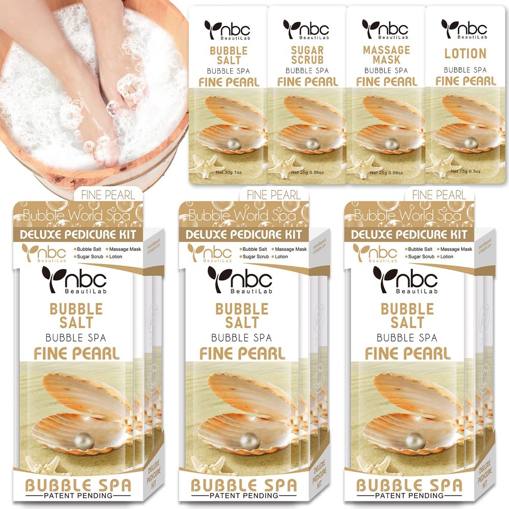 nbc BeautiLab Pedicure Kit Foot Soak Set: Bubble Salt, Sugar Scrub, Massage Mask, Massage Lotion in a Box, 4 Step Foot Spa Kit for Dry Feet,Tired Feet3 Set Pearl)